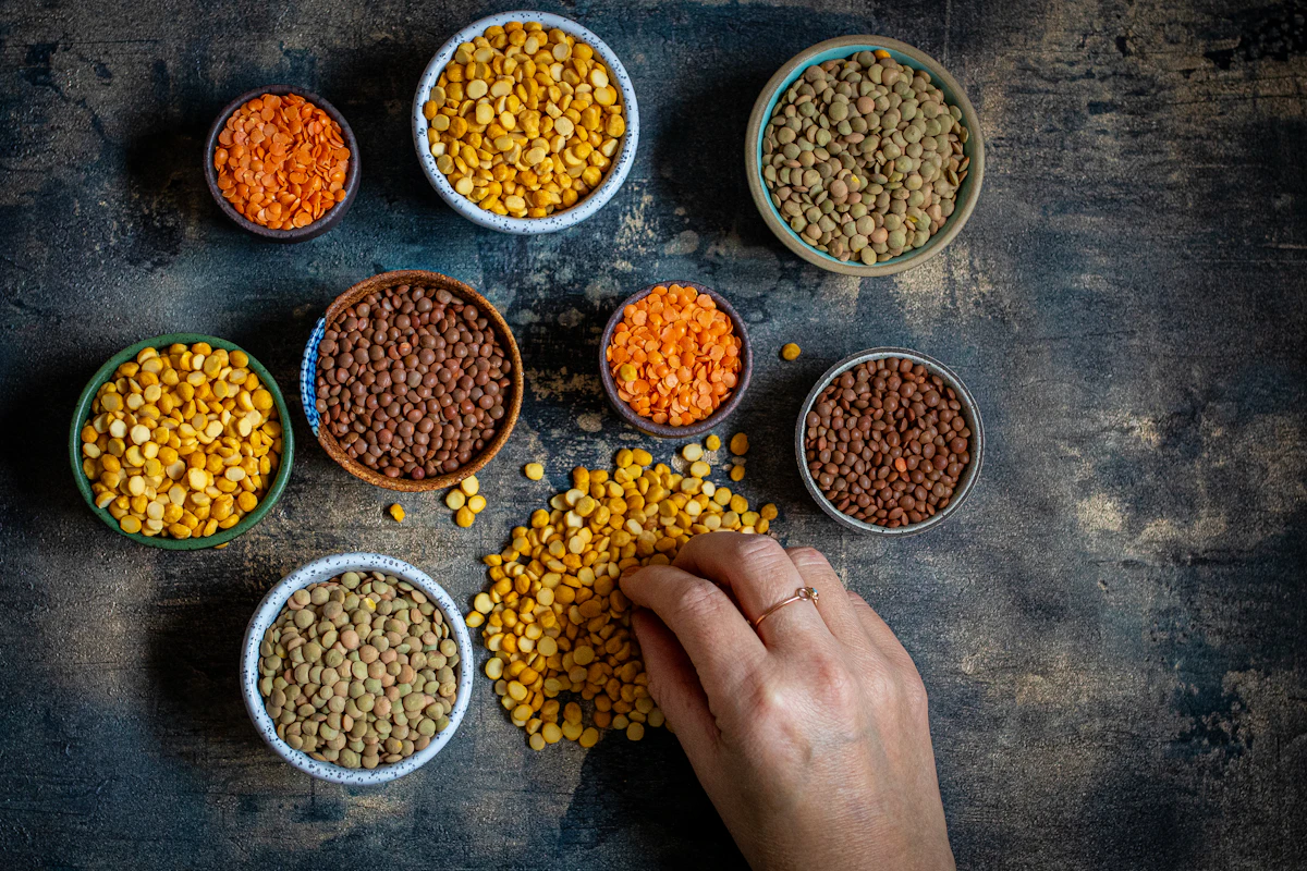 Different grains and lentils presented in bowls