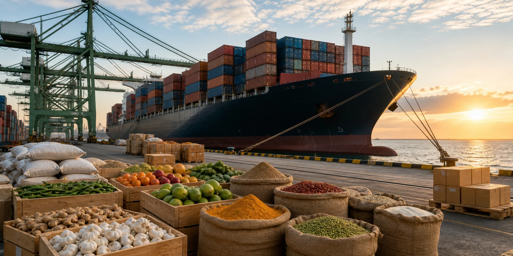 Food export cargo, stacked containers and a container ship at an international port