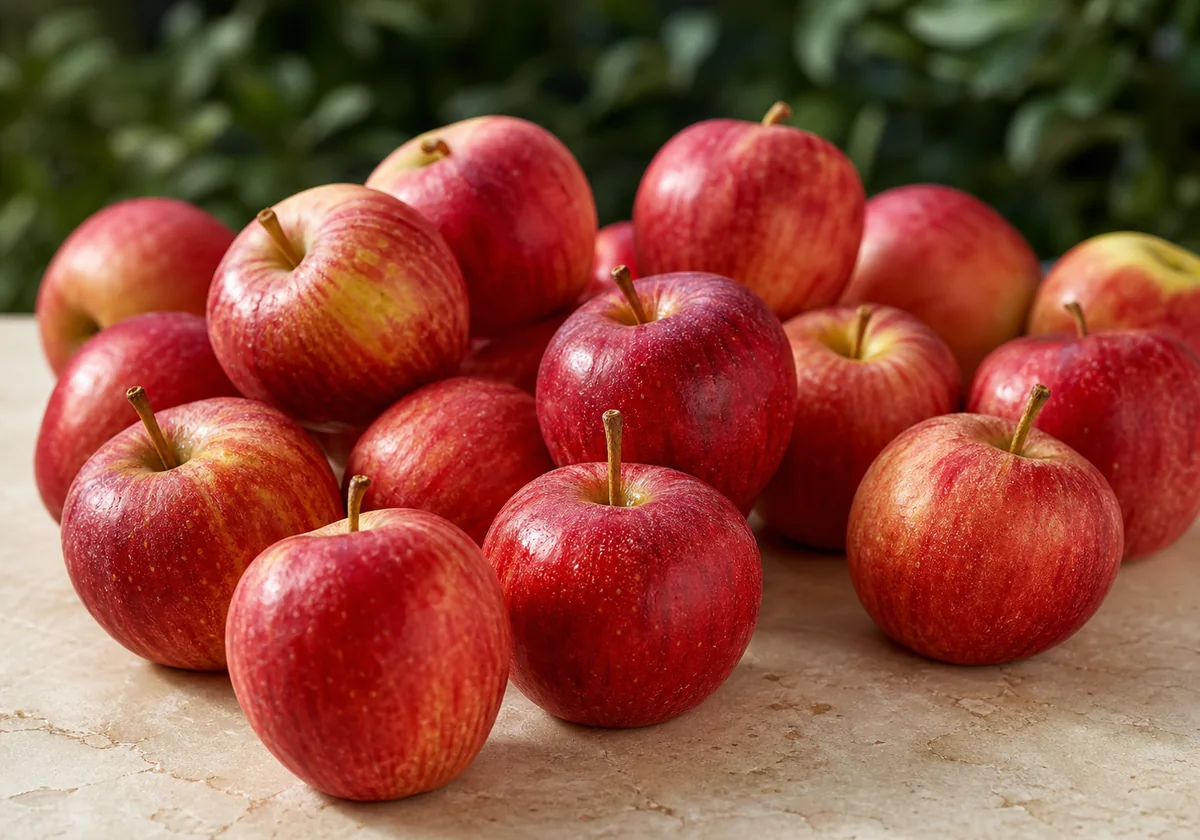 A market display filled with fresh red apples