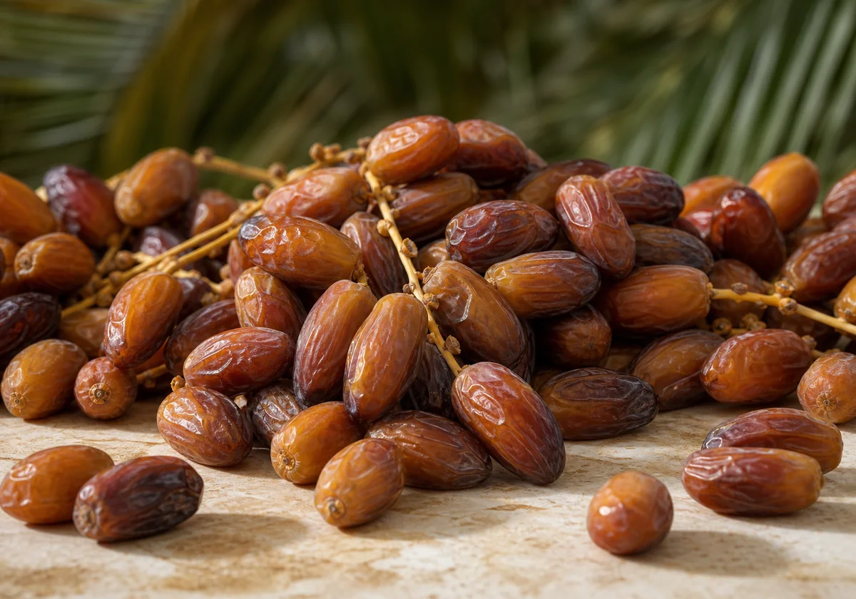 A large bunch of ripe dates growing on a date palm