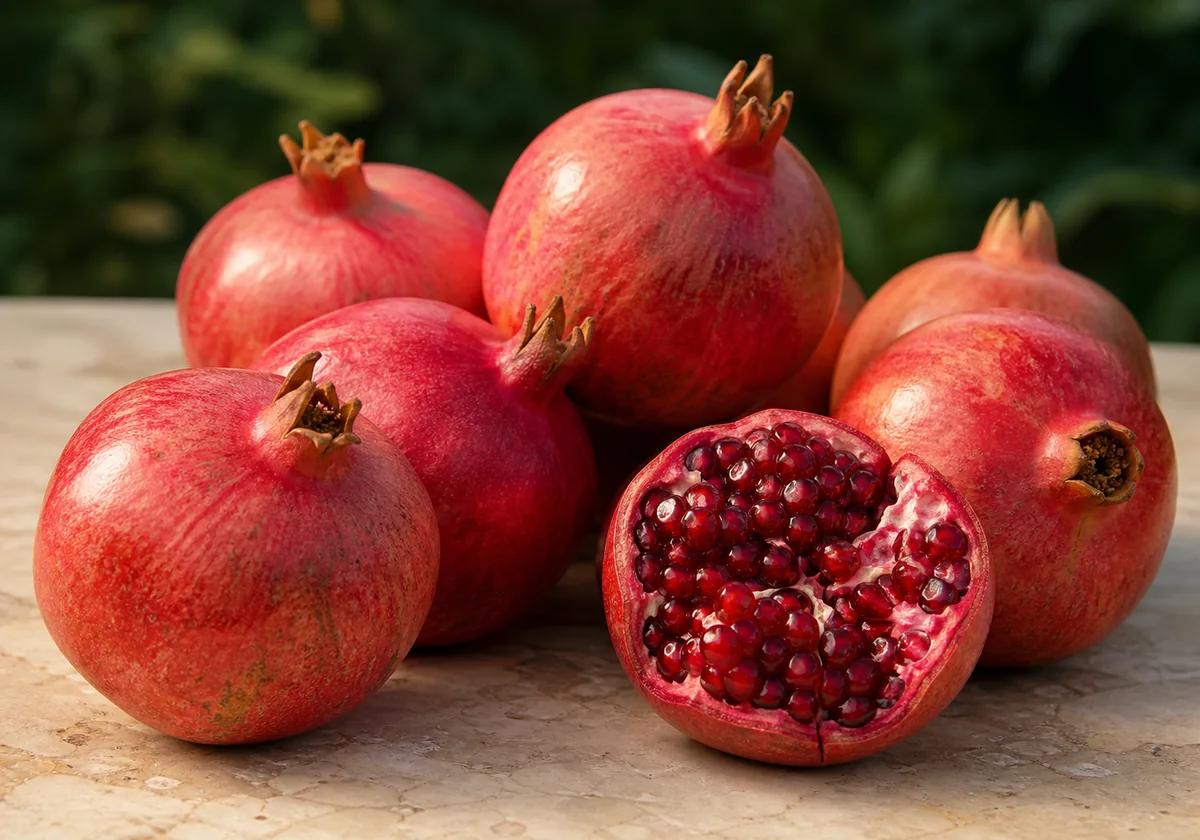 Fresh red pomegranates with several fruits cut open to show the arils